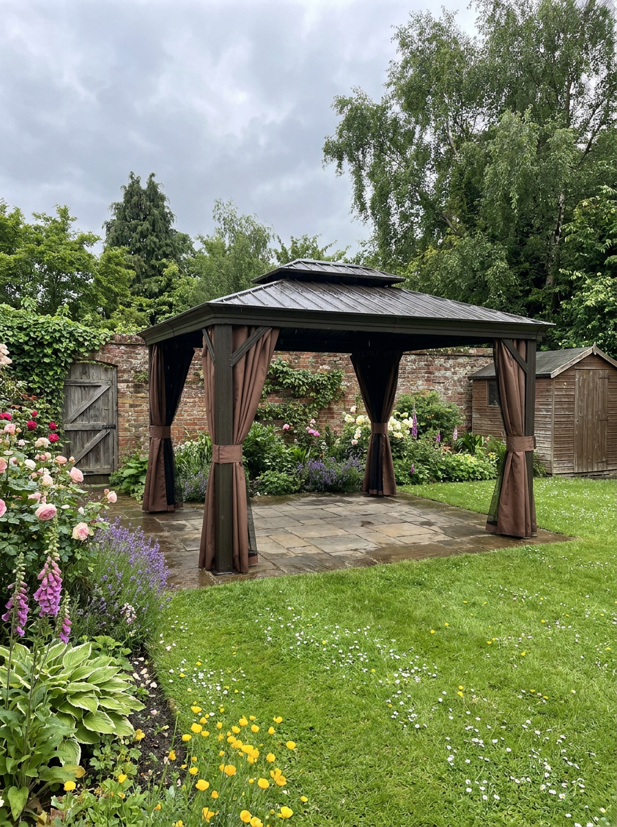 3m x 3.7m Dark Brown Outdoor Hardtop Gazebo Canopy with Aluminium Frame, 2-Tier Roof & Mesh Netting Sidewalls for Patio