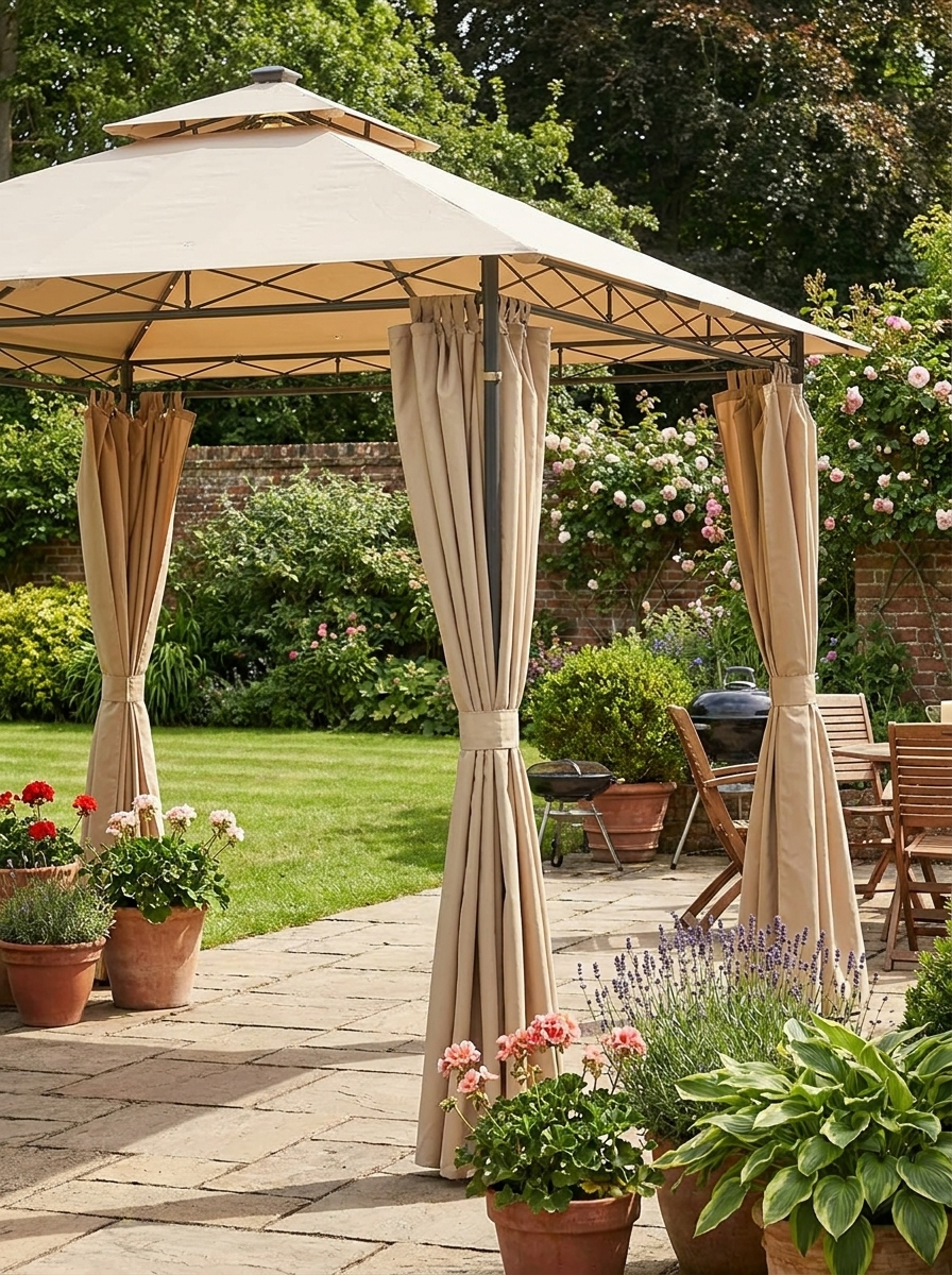 3m x 3m Beige Garden Gazebo with Double Roof, Metal Frame, Curtains & Solar-Powered LED Lights - Outdoor Canopy Shelter for Patio & Decking