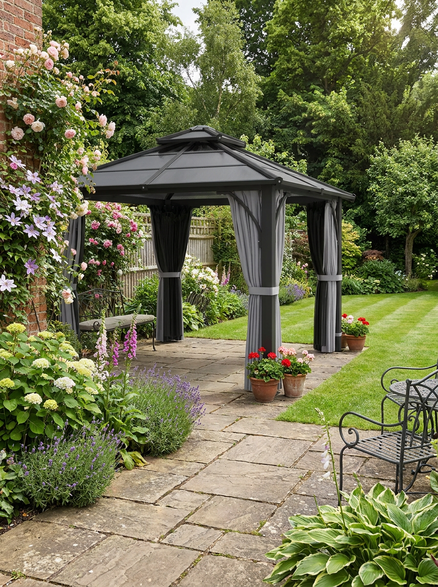 3 x 3 m Dark Grey Outdoor Polycarbonate Gazebo - Double Roof Hard Top with Galvanised Steel Frame, Nettings & Curtains for Garden, Lawn, Patio and Deck