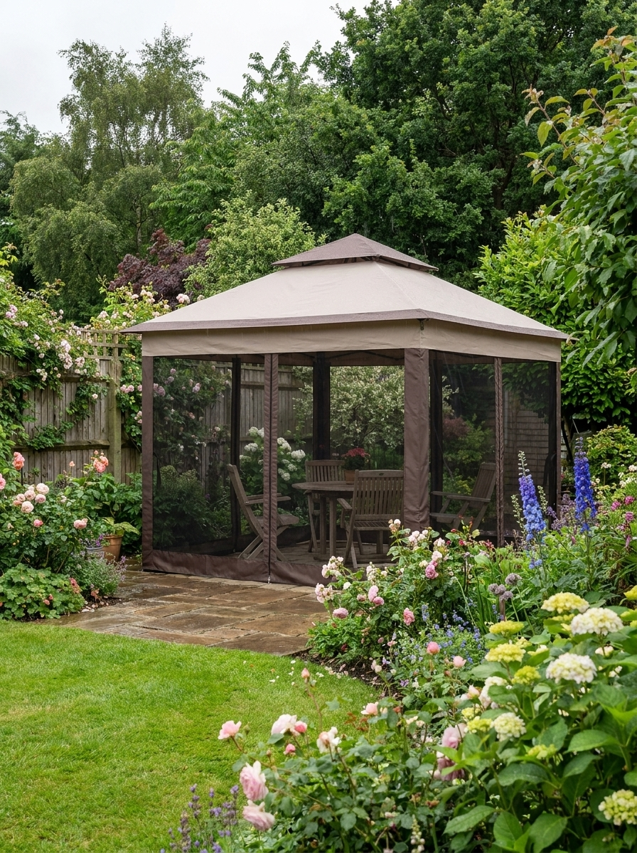 3.25m x 3.25m Metal Gazebo with Curtains - Brown/Grey