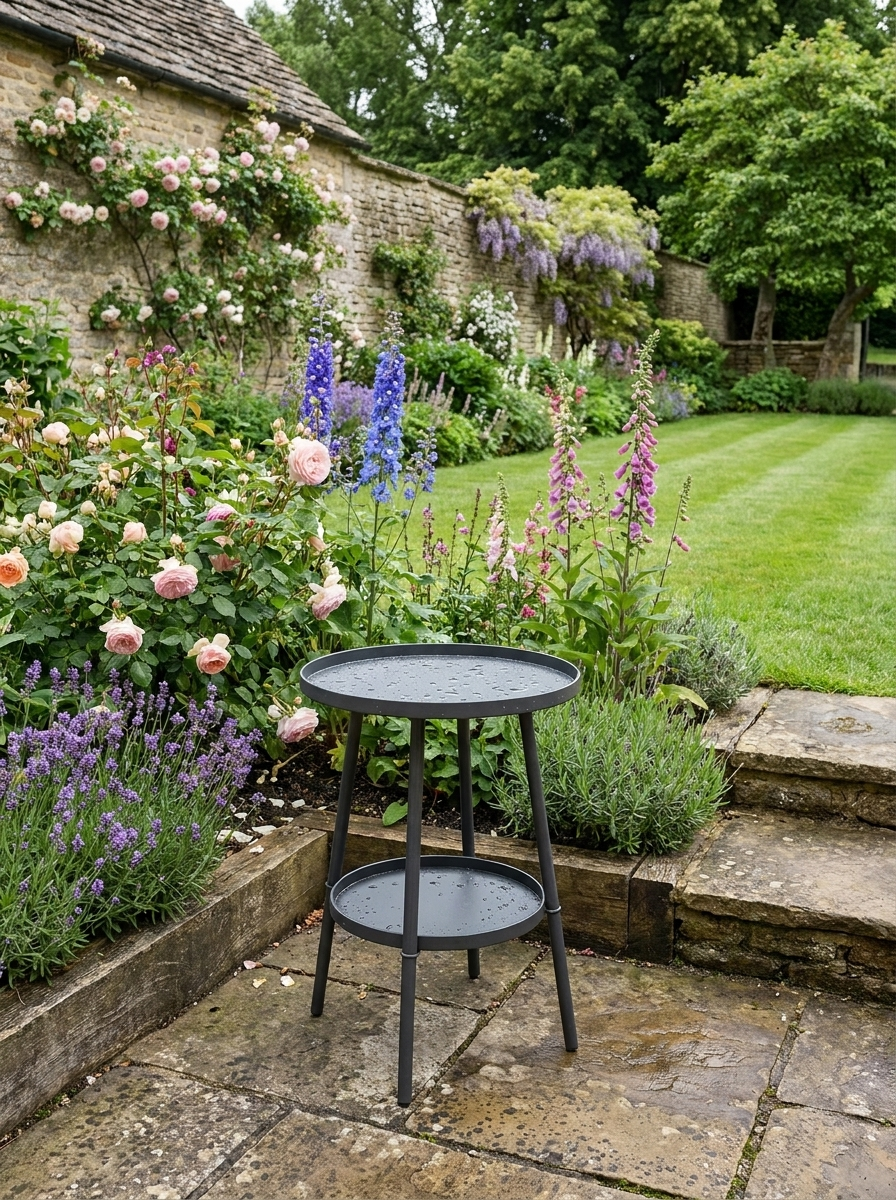 Black 2-Tier Small Round Garden Table - Metal Patio Table - Coffee Table for Porches, Decks & Balconies