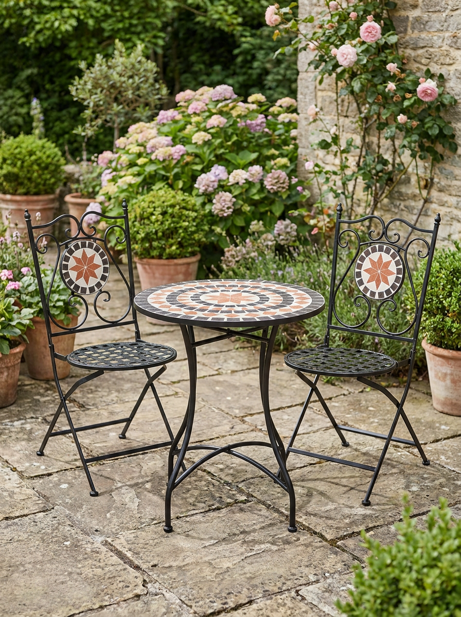 Three-Piece Multicoloured Mosaic Bistro Table Set - Perfect for Outdoor Dining, Compact Size