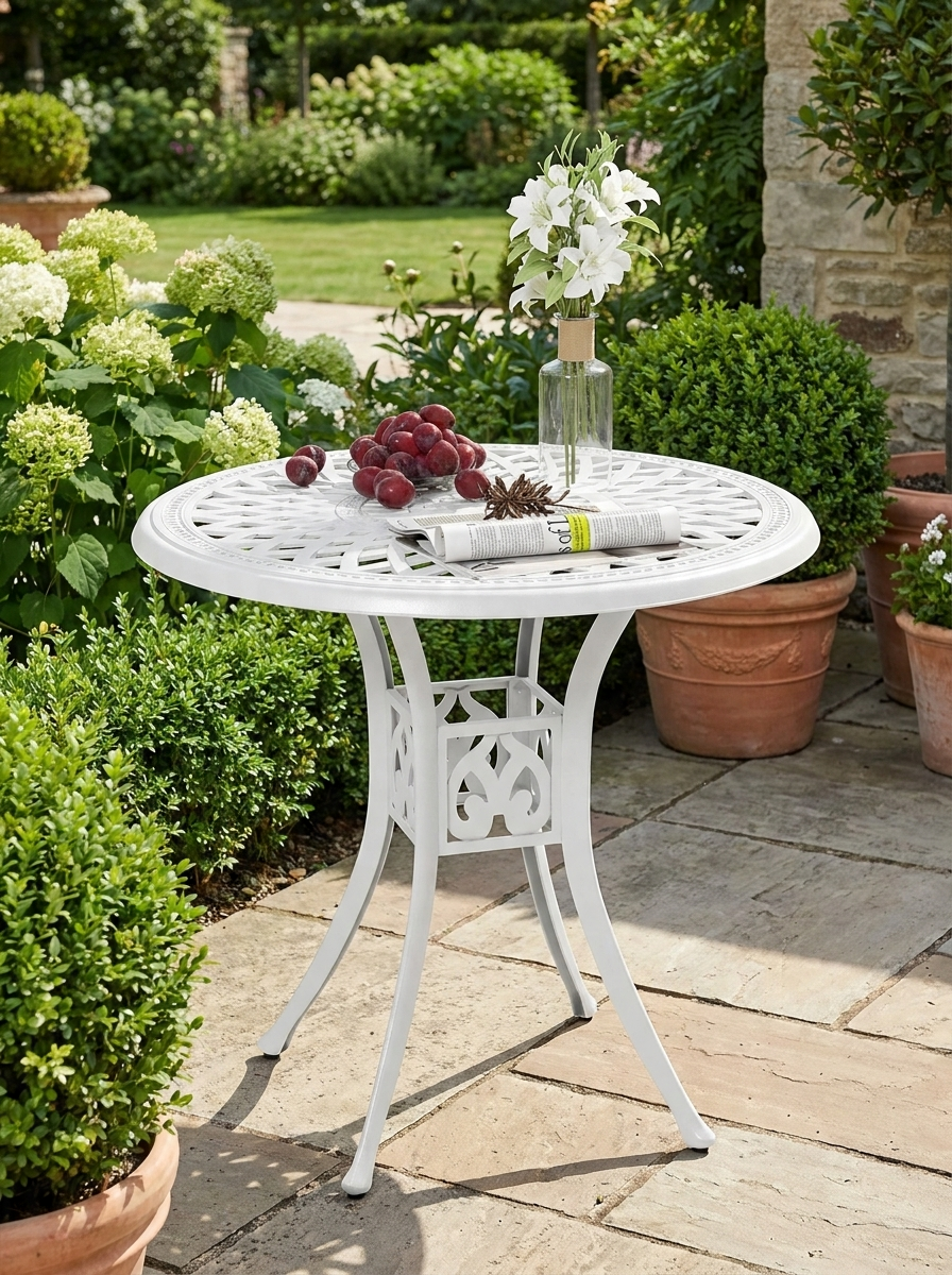78 cm White Round Garden Dining Table with Parasol Hole - Antique Cast Aluminium Outdoor Table