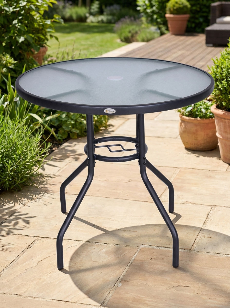Round Glass Top Steel Frame Outdoor Dining Table - Black
