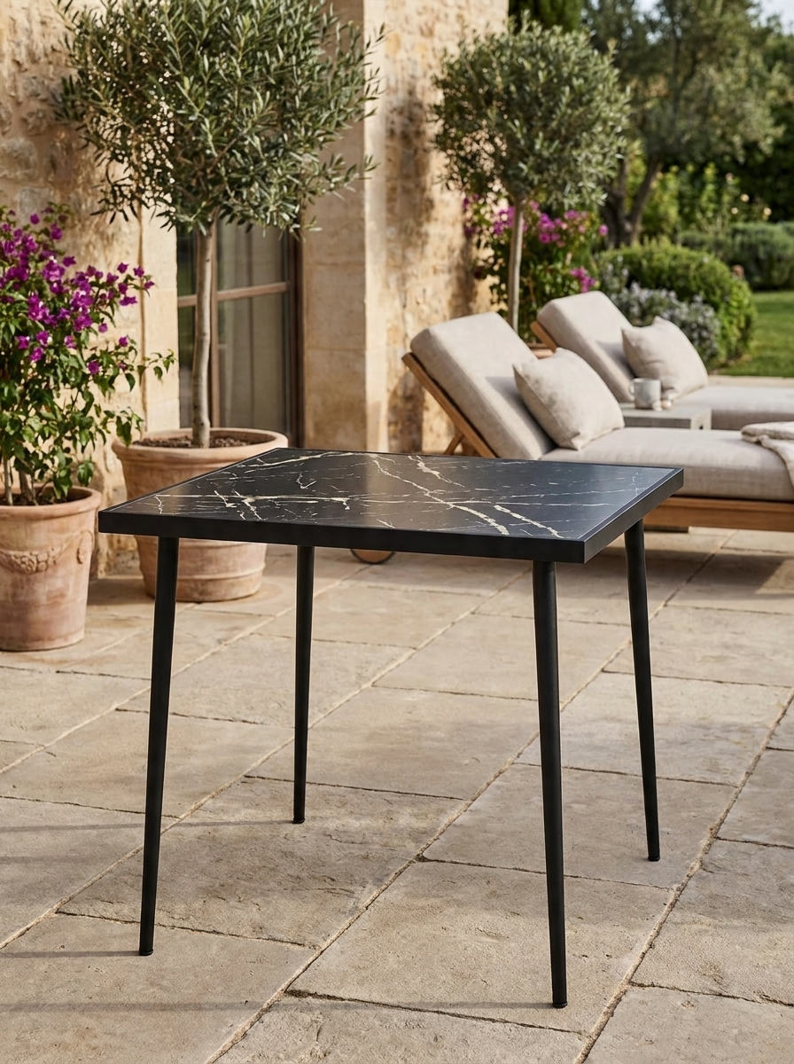 Black Square Outdoor Dining Table for 4 with Marble Glass Top