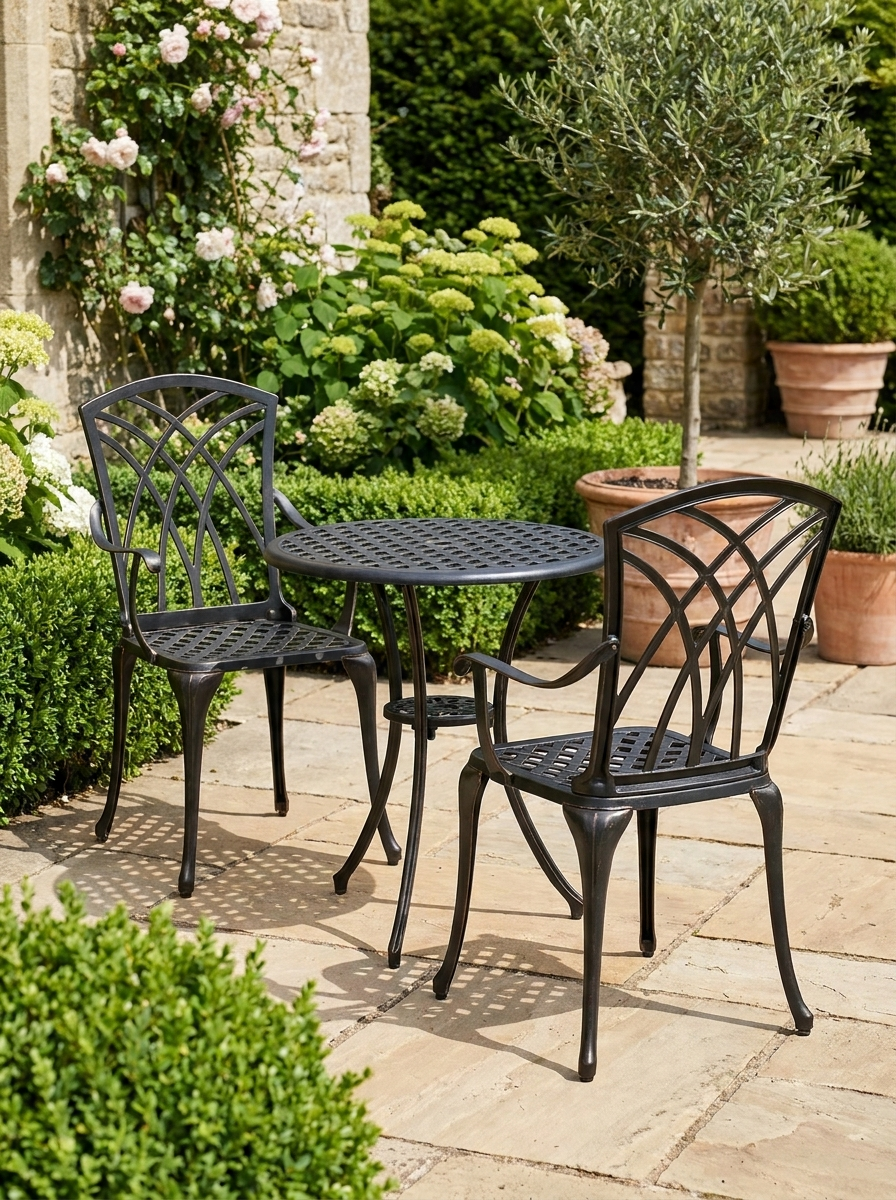 3 Pieces Bronze Tone Garden Dining Set for 2 - Cast Aluminium Outdoor Dining Set with 2 Armchairs and Round Table with Parasol Hole