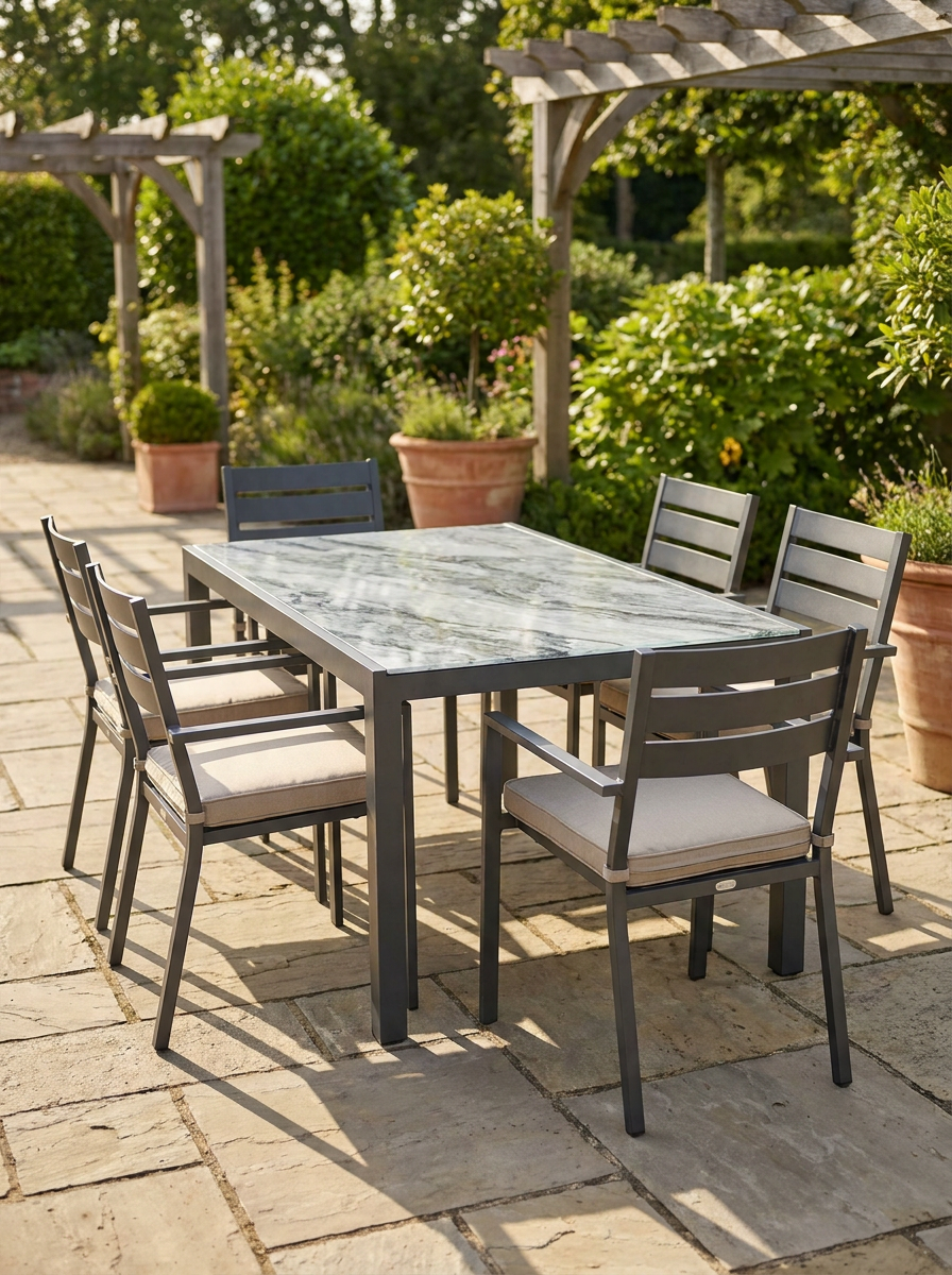 White Square Outdoor Dining Table for 4 with Marble Glass Top