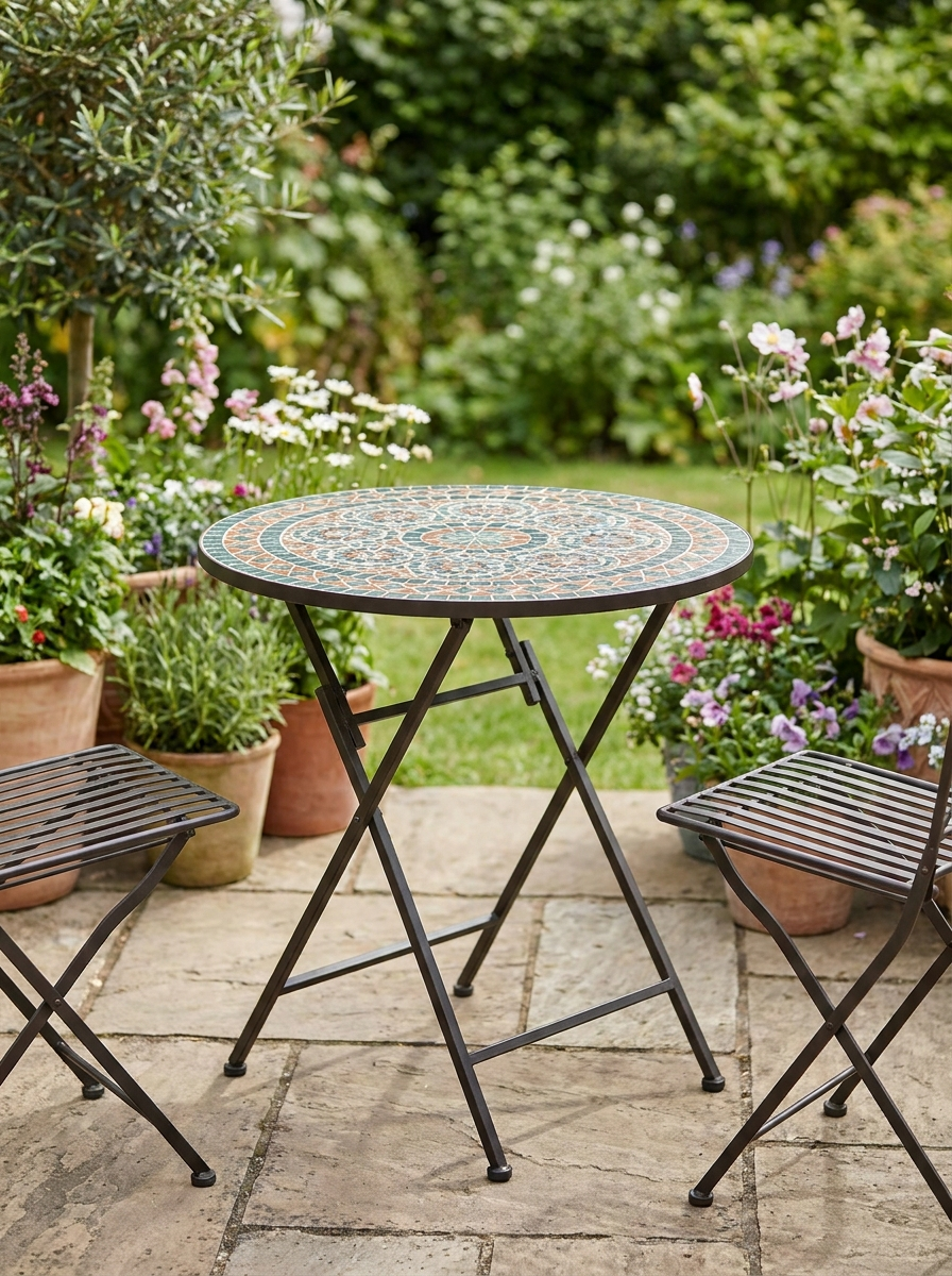 Mosaic Round Folding Garden Table, 35.5cm Blue Coffee Table for Balcony & Terrace