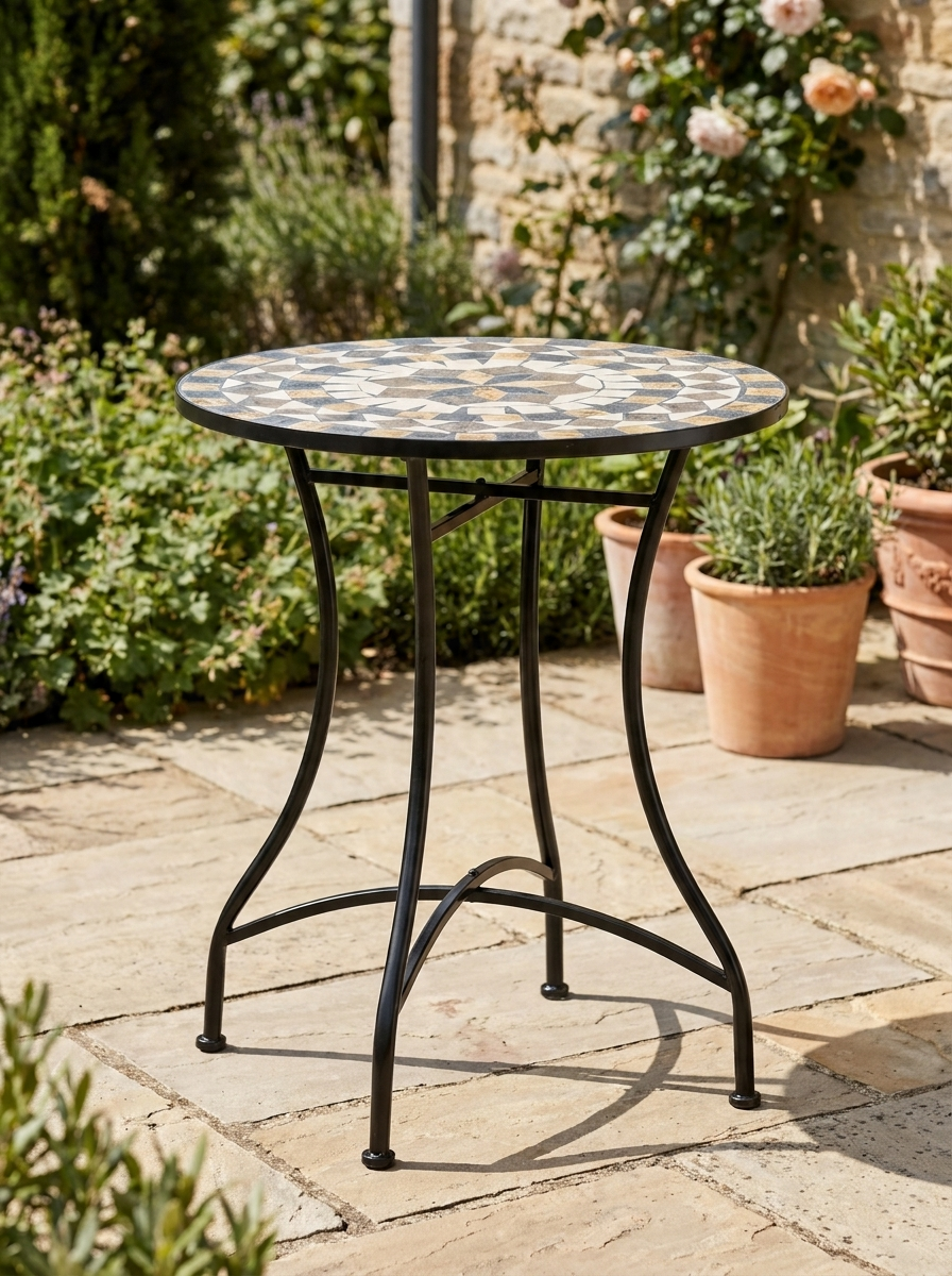 60cm Grey Mosaic Outdoor Patio Table - Round Garden Table for Outdoor Use