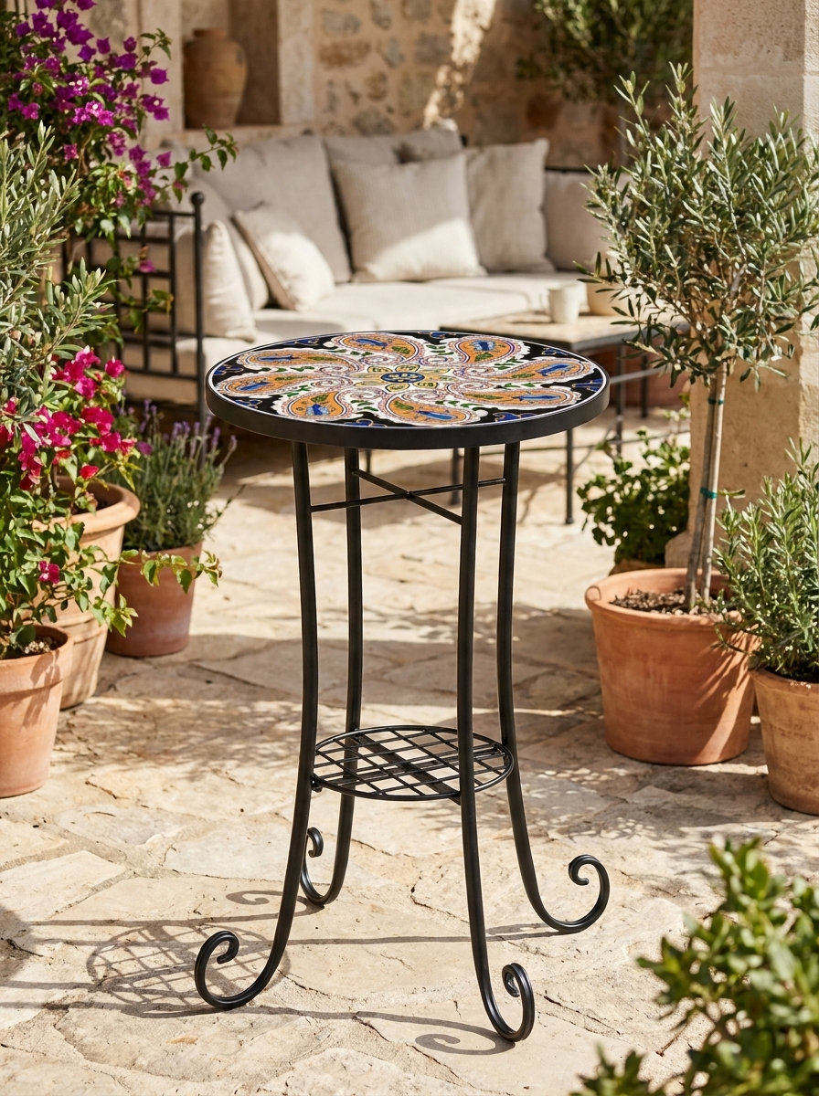 35.5 cm Round Orange Mosaic Garden Table - Ceramic Tile Top Outdoor Bistro Table with Shelf for Patio, Balcony, Indoor Use