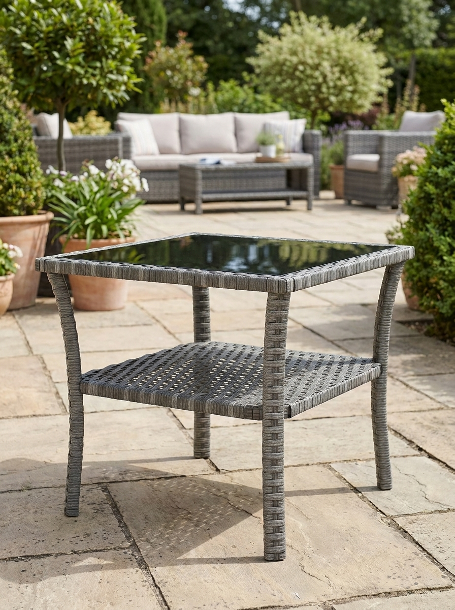Grey Rattan Two-tier Patio Coffee Table with Glass Top