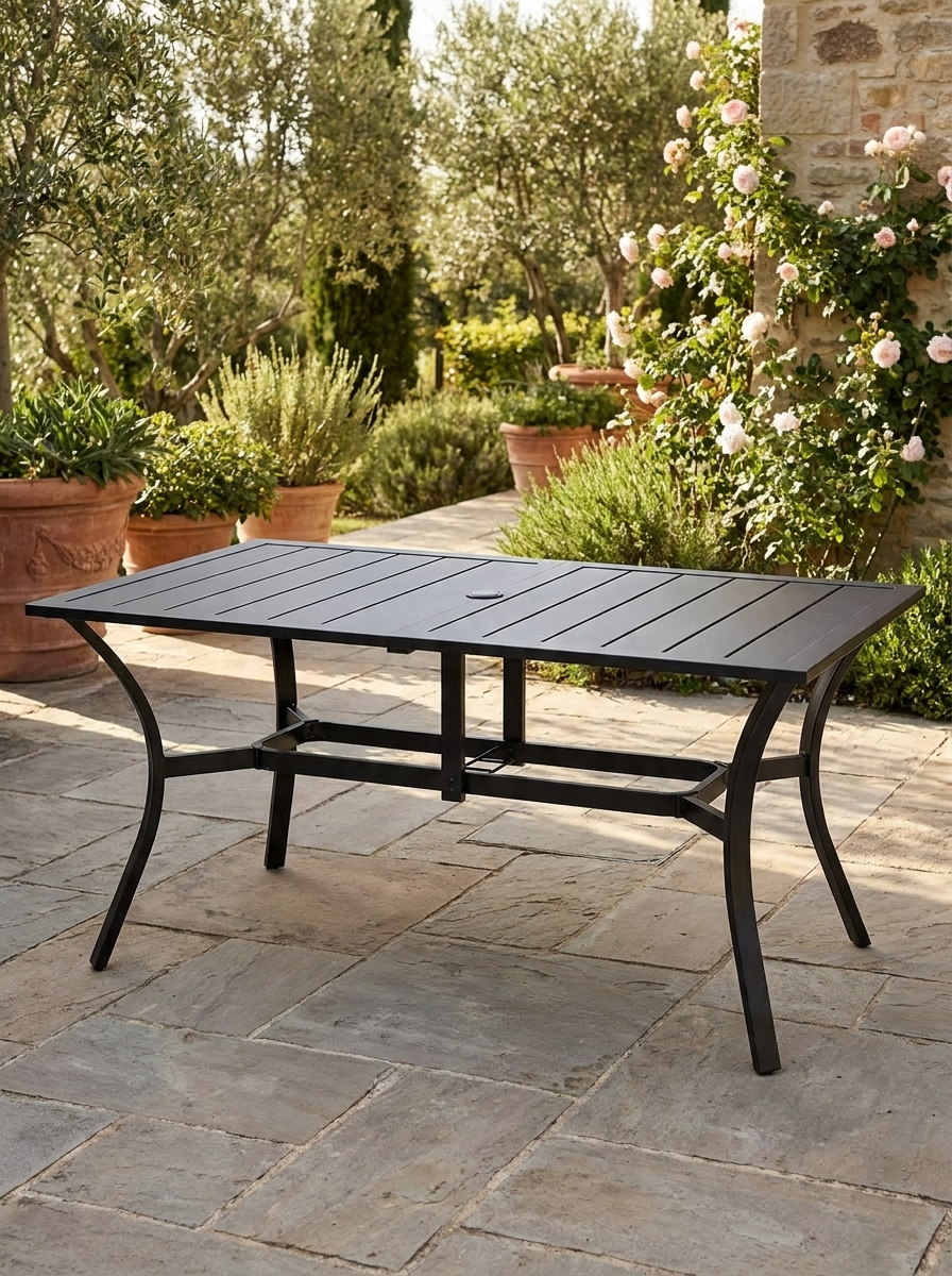 Black Steel Frame Garden Dining Table, 150cm x 90cm