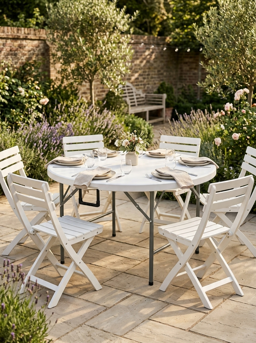 White Round Folding Outdoor Picnic Table for 6