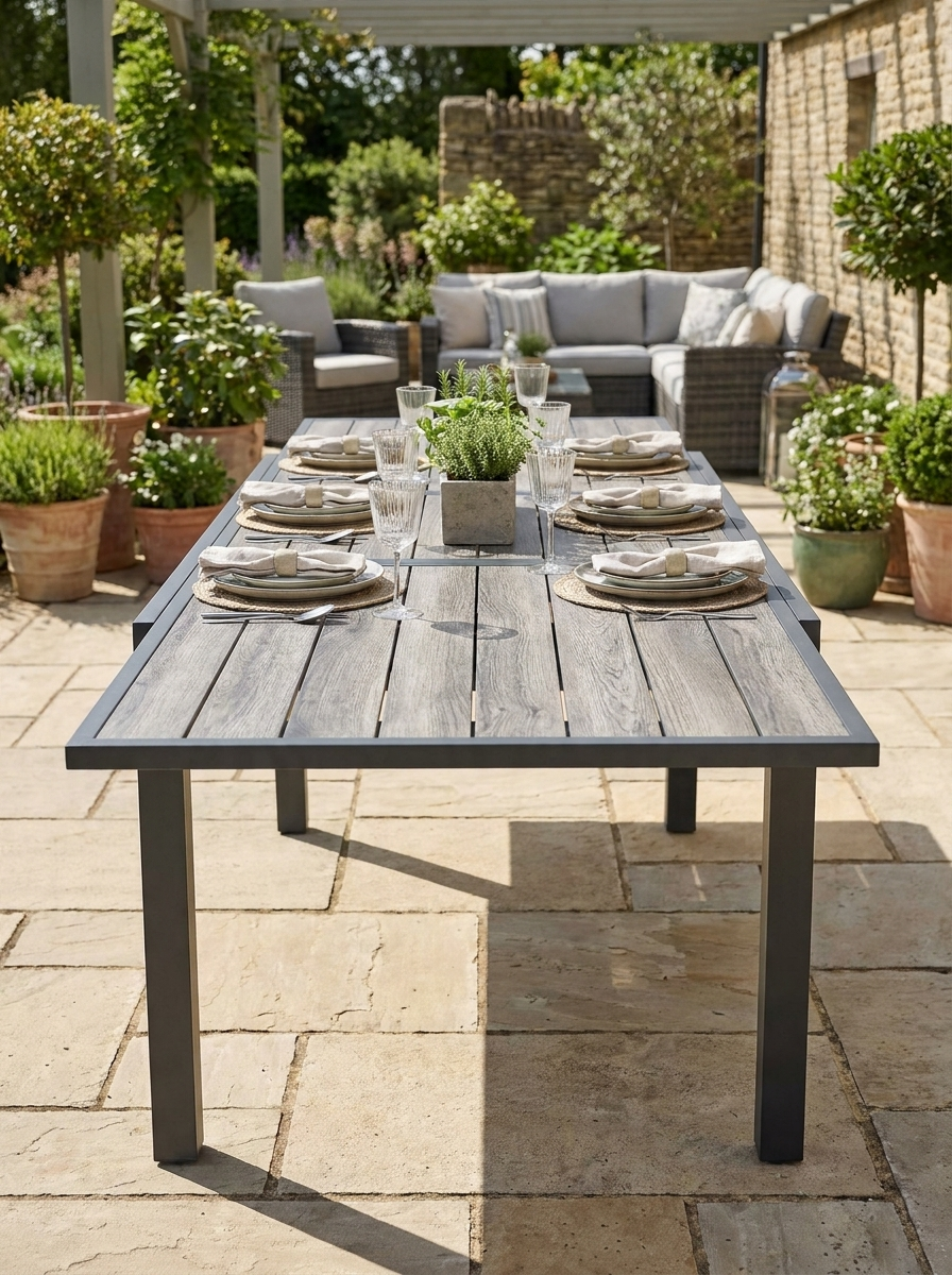 Grey Extendable Outdoor Dining Table for 6, Aluminium Frame, Rectangular Patio Table, 80/160L x 80W x 75H cm