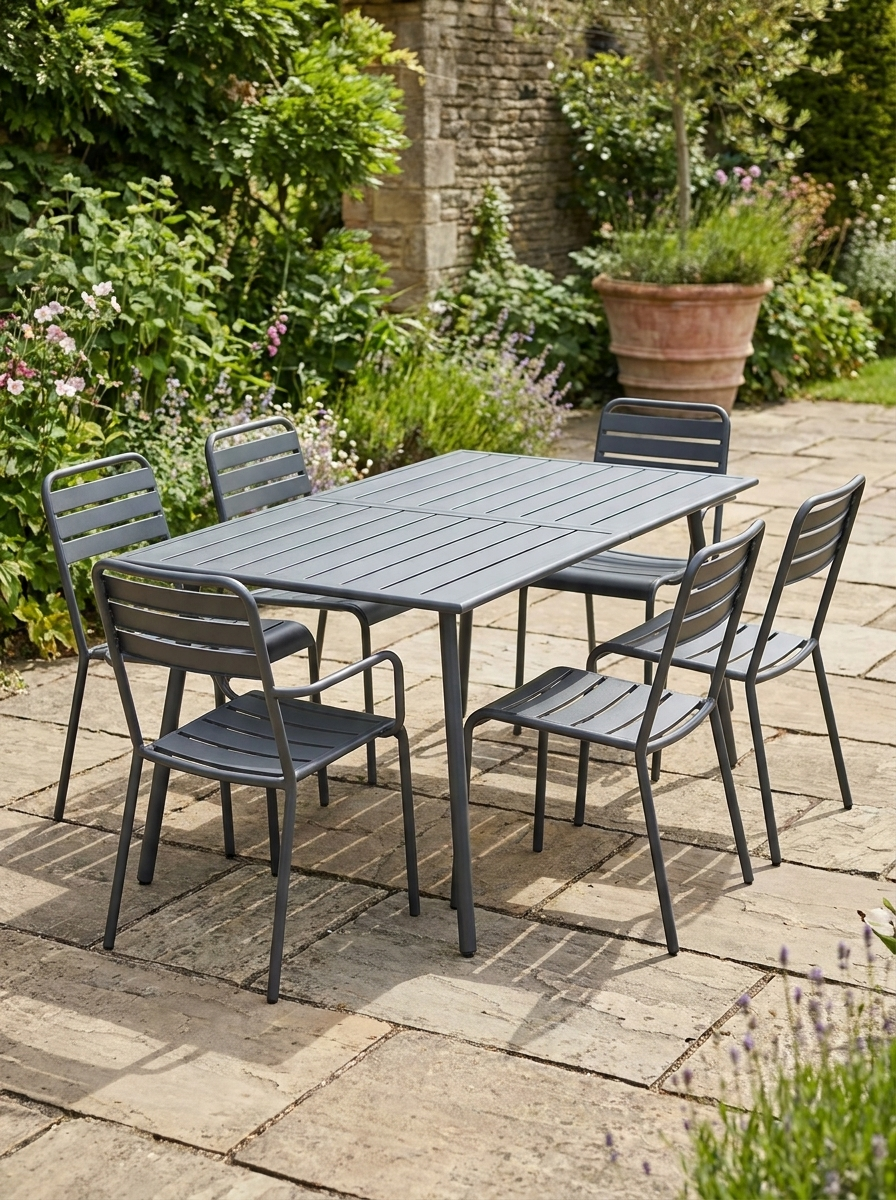 Outdoor Rectangle Garden Table for 6 - Slat Top, Steel Frame, 150x80 cm, Grey