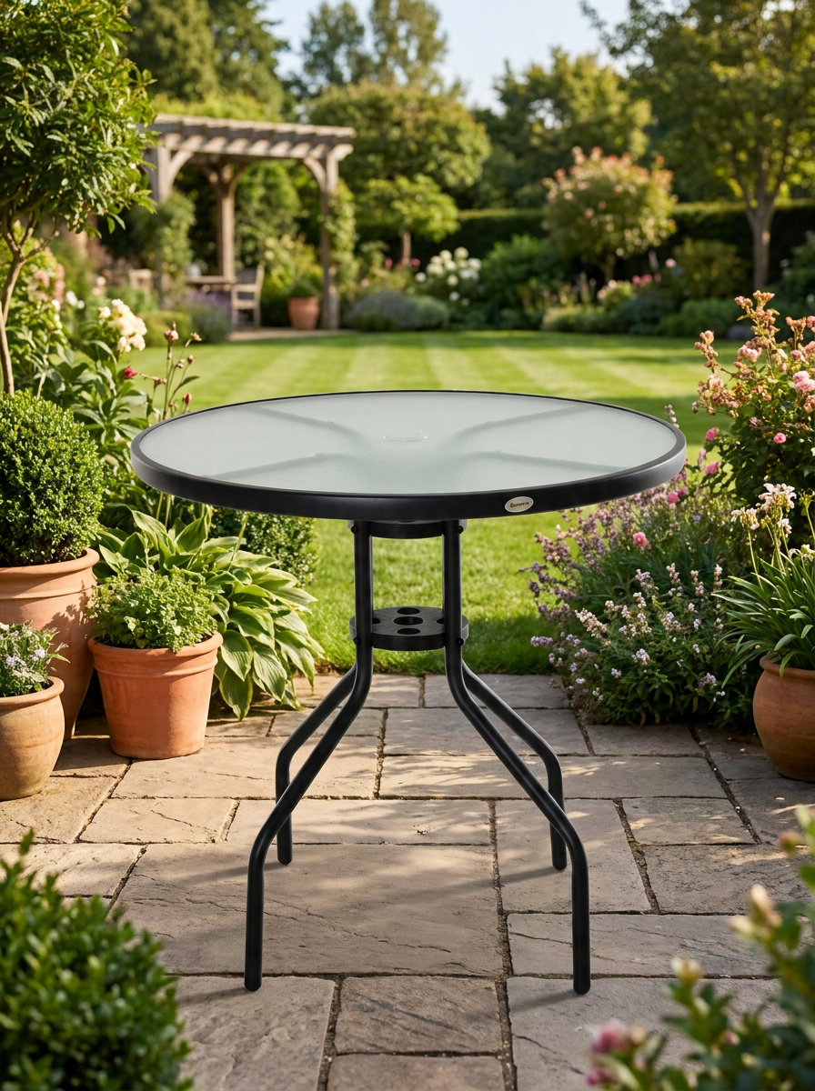 Round Outdoor Patio Table with Parasol Hole - 80cm, Tempered Glass Top, Black