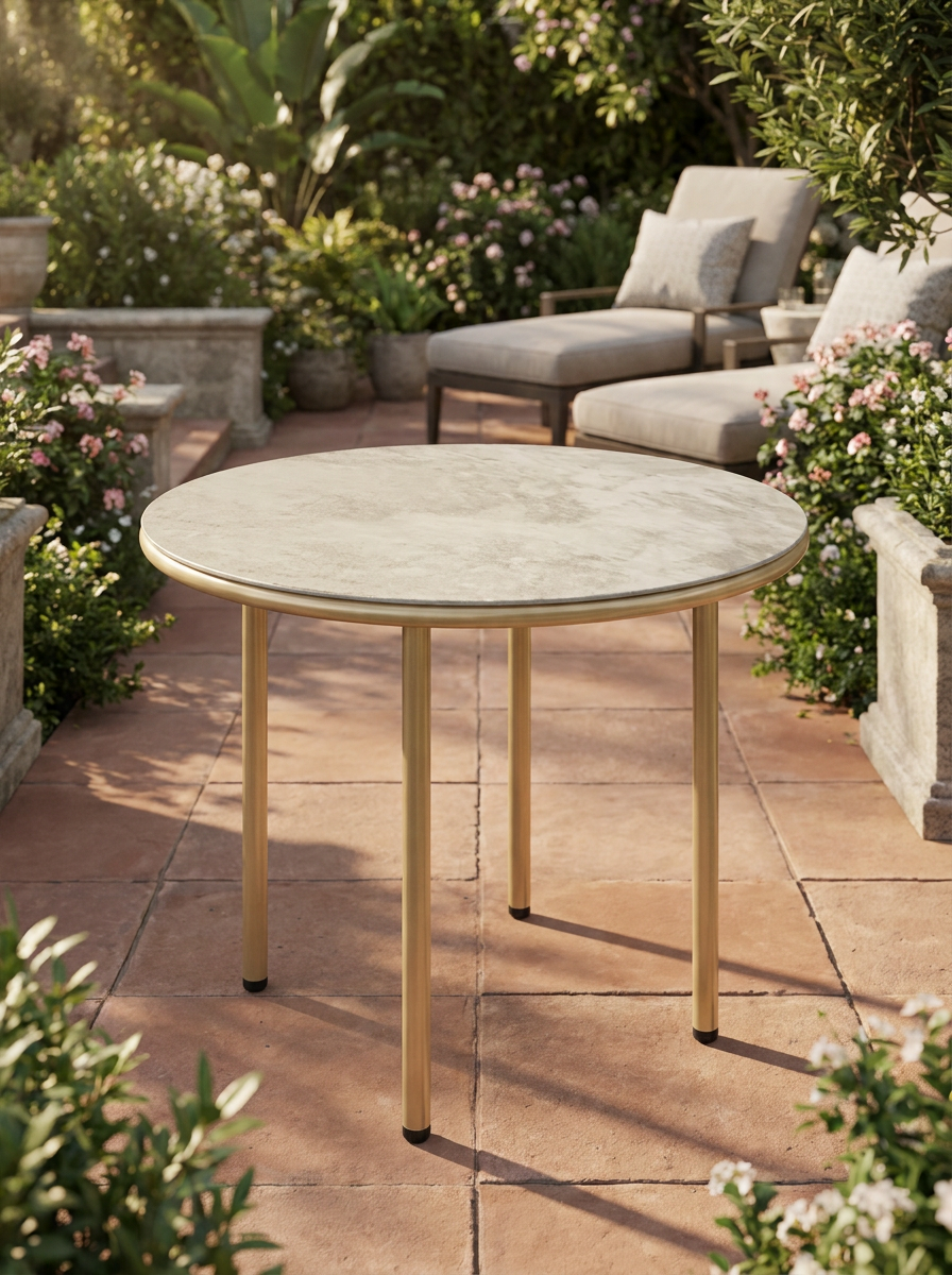 60cm Round Small Garden Table - Outdoor Side Table with Faux Marble Top, Steel Frame, Beige