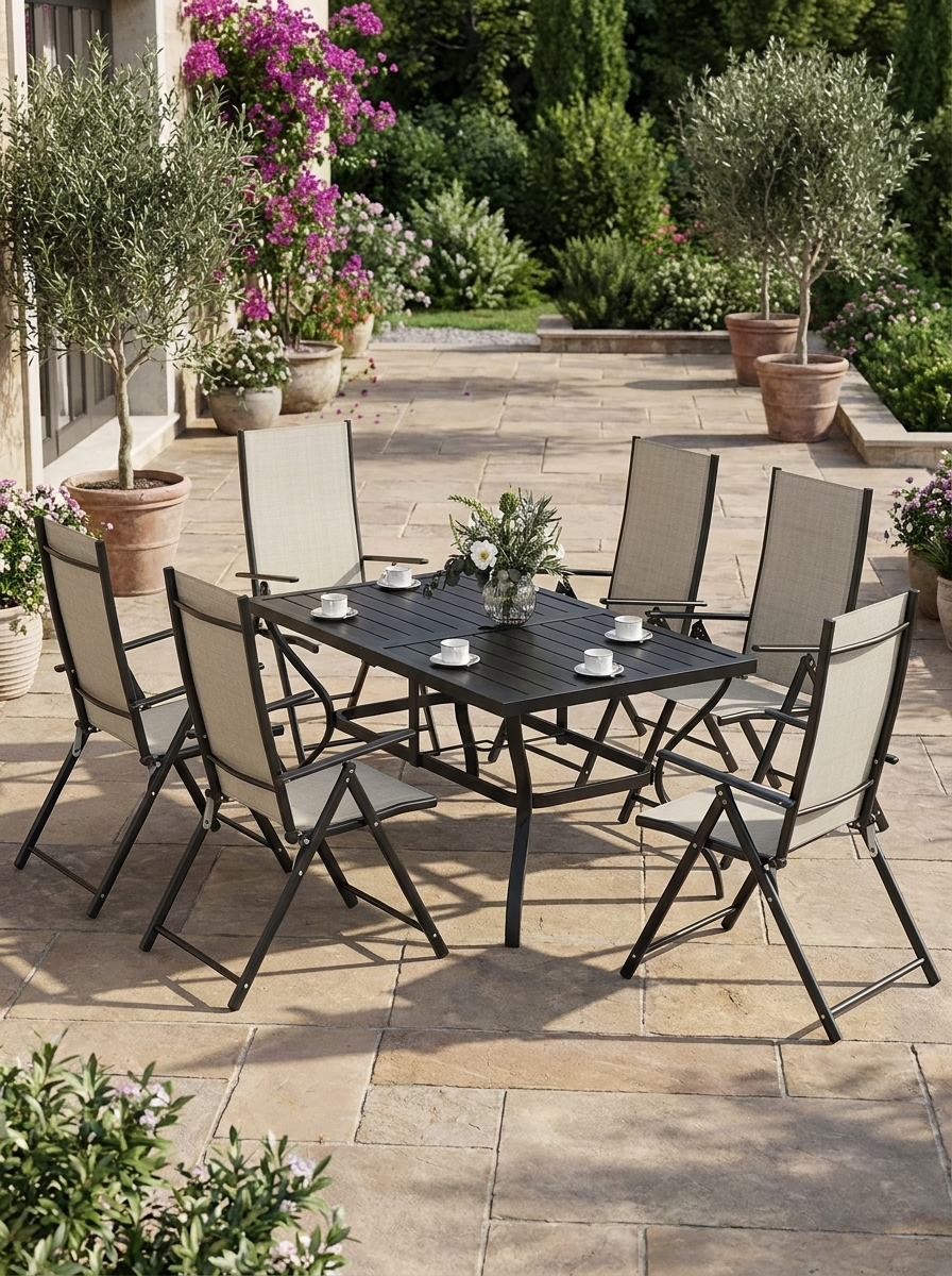 7-Piece Steel Outdoor Dining Set with Parasol Hole - Khaki