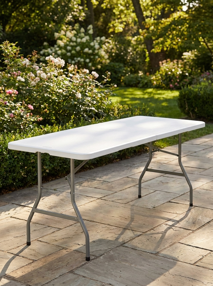 180 x 75cm Folding Garden Table - Outdoor HDPE Picnic Table for 6 - Rectangular White Patio Table with Metal Frame