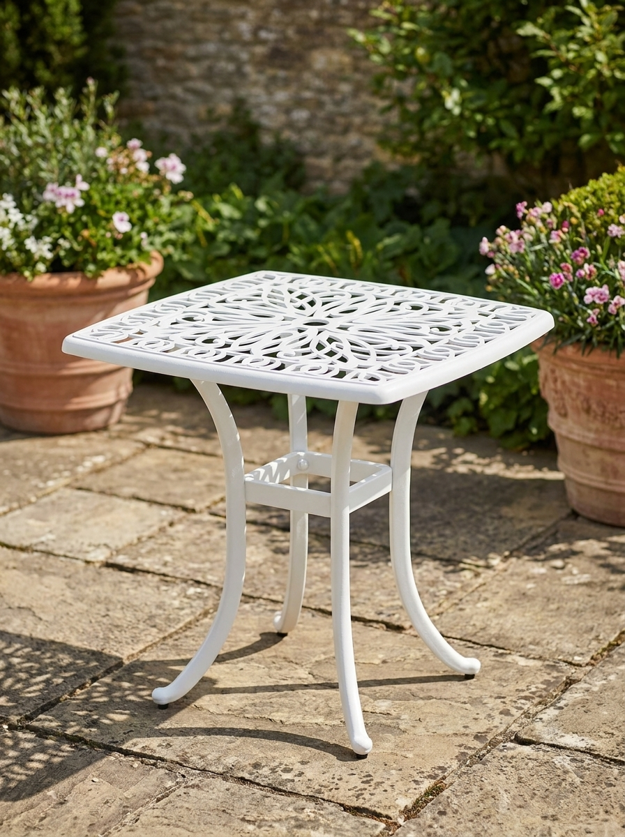 Square White Cast Aluminium Bistro Table with Umbrella Hole - Outdoor Garden Side Table for Balcony (Size: 60cm)