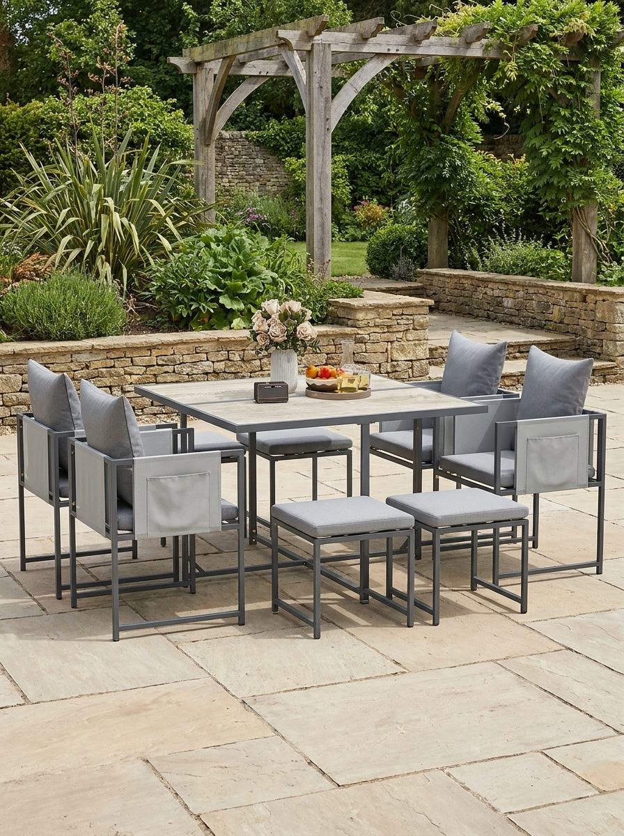 Nine-Piece Grey Steel Frame Garden Dining Set - Outdoor Furniture for Patio and Backyard