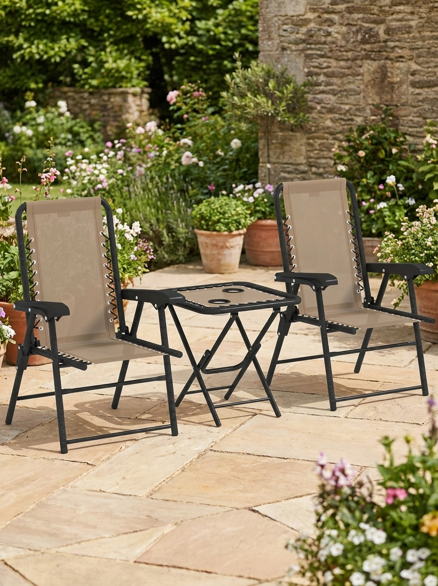 Three-Piece Khaki Garden Table and Chair Set - Outdoor Furniture, Compact Size