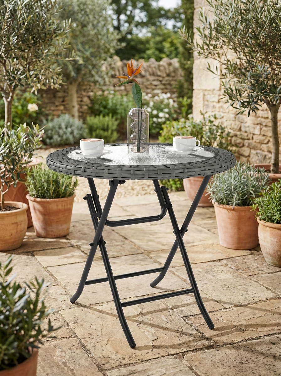 Folding Round Tempered Glass Garden Table - 60cm, Grey Rattan Edging