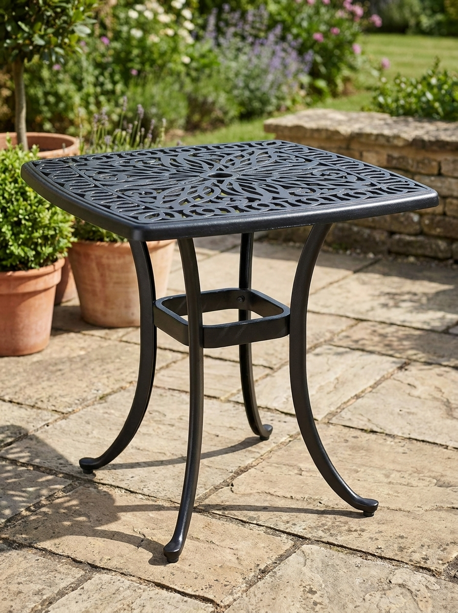54 x 54cm Black Cast Aluminium Outdoor Garden Table with 38mm Umbrella Hole and Anti-slip Foot Pads for Patio and Balcony