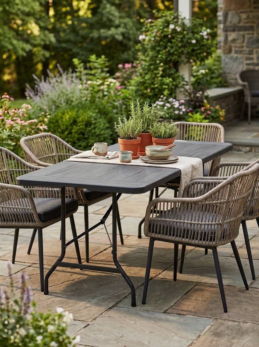 Rectangular Folding Garden Dining Table for 6 - Charcoal Grey HDPE Outdoor Table with Steel Frame for Balcony and Porch