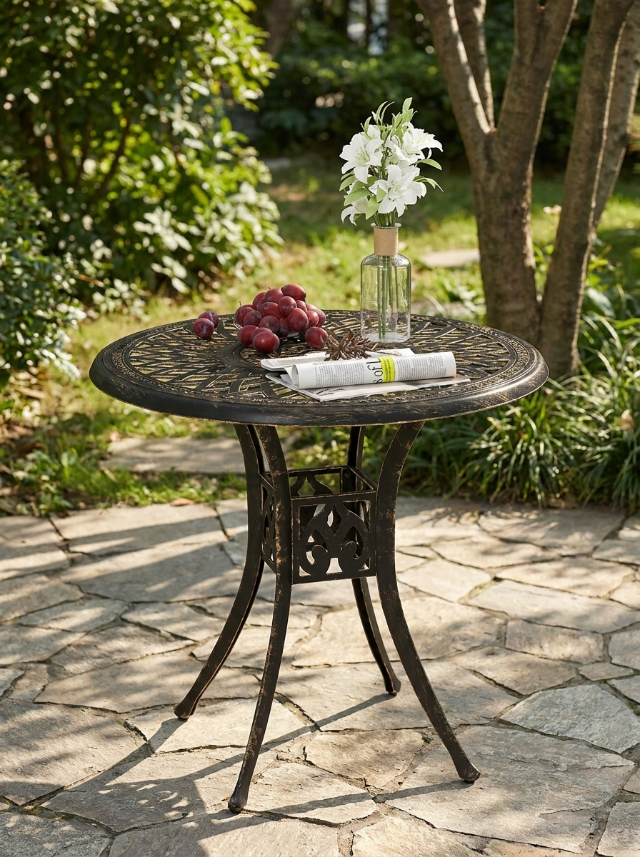 78 cm Round Bronze Tone Garden Dining Table with Parasol Hole - Antique Cast Aluminium Outdoor Table