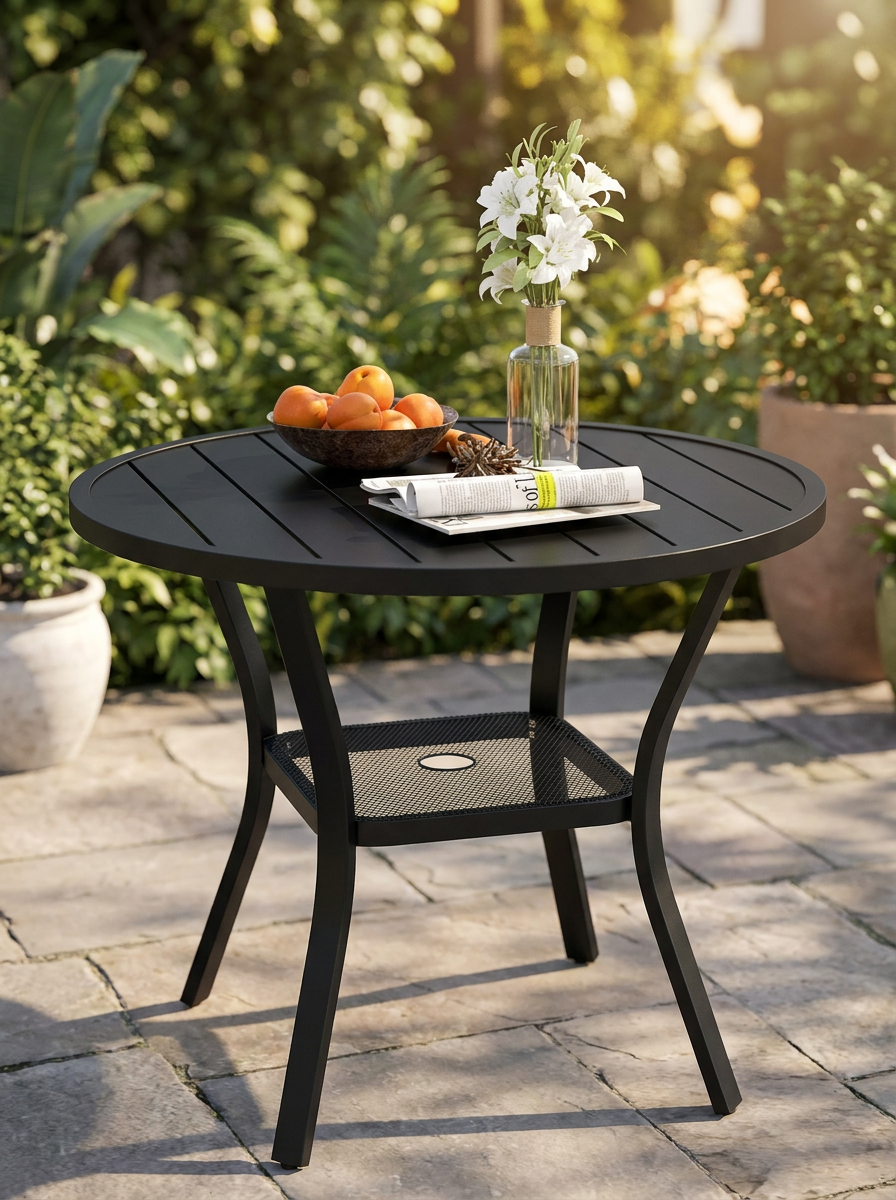 90 cm Round Black Garden Dining Table with 4-5 cm Parasol Hole, Steel Slatted Top and Wire Shelf for Outdoor Balcony and Porch