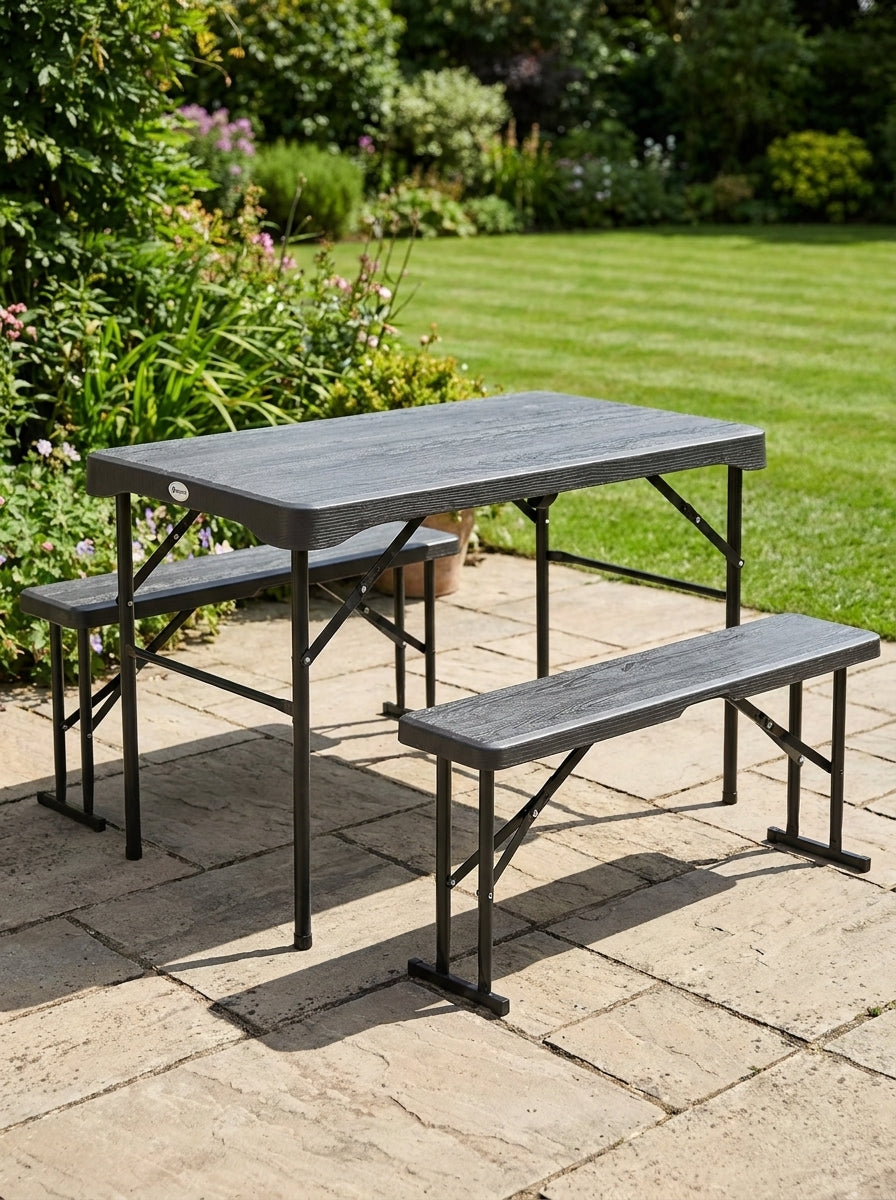 Folding Picnic Table Set for 4 - 3-Piece Portable Garden Furniture with 2 Benches, Dark Grey Plastic Top and Steel Frame