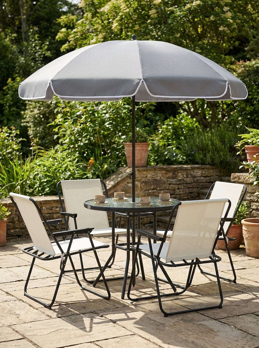 4 Seater Cream White Garden Furniture Set - 6 Piece Outdoor Dining Set with Folding Chairs and Round Glass Top Table, Includes Parasol for Patio