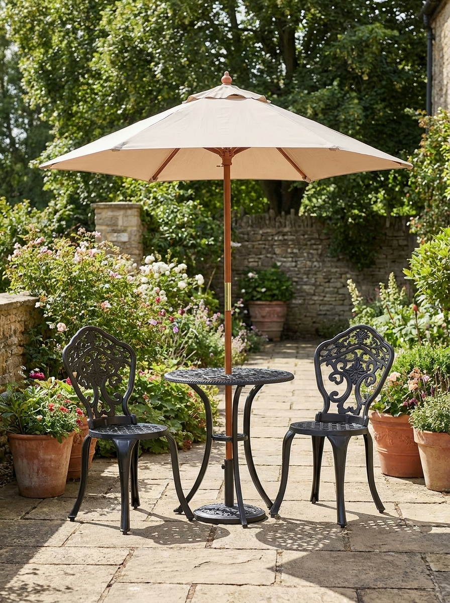 3 Piece Black Cast Aluminium Garden Bistro Set for 2 - Outdoor Coffee Table Set with Parasol Hole, Includes 2 Armless Chairs and Round Coffee Table for Balcony and Patio