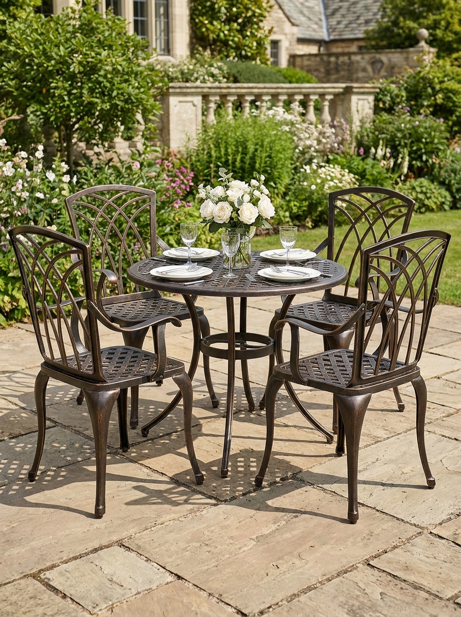 5-Piece Bronze Outdoor Garden Dining Set for 4 - Cast Aluminium Round Table with Parasol Hole and 4 Armchairs