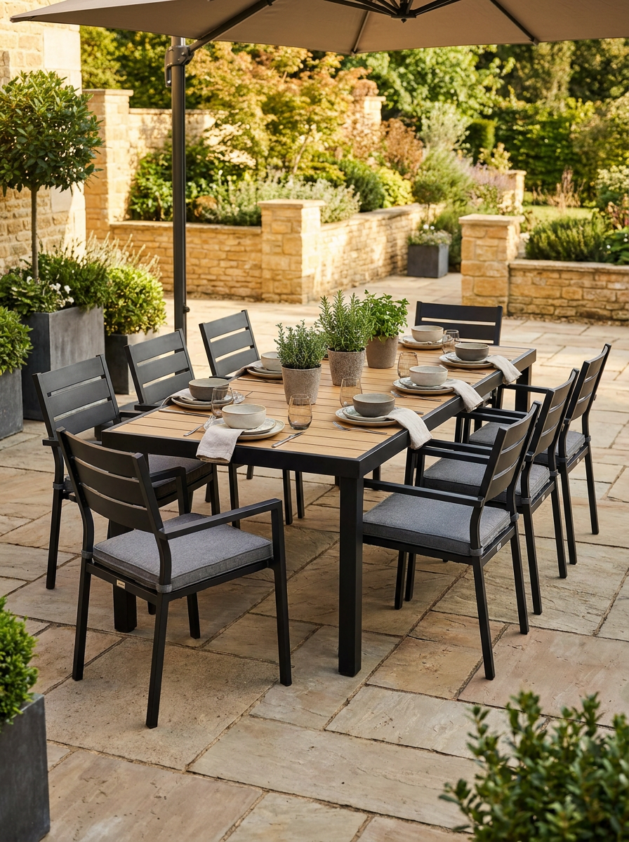 Aluminium Outdoor Garden Dining Table for 8 People - Natural Faux Wood Top, 190 x 90 x 74 cm
