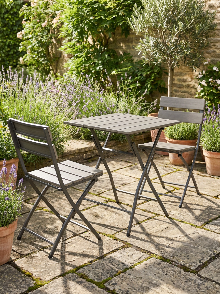 3 Piece Foldable Garden Bistro Set - Grey Patio Furniture Set with Table and 2 Chairs for Conservatory, Balcony, and Terrace