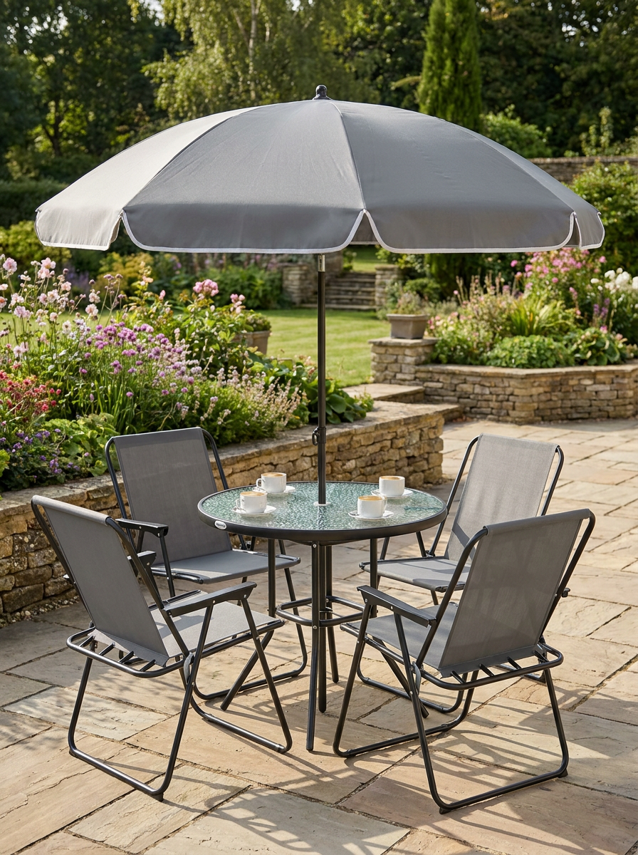 4 Seater Grey Garden Furniture Set - 6 Piece Outdoor Dining Set with Folding Chairs and Round Glass Top Table, Includes Parasol for Patio