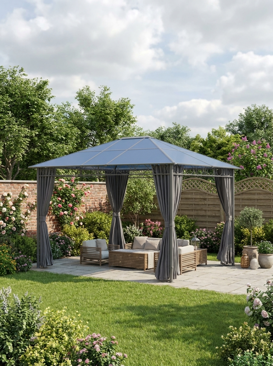 Grey 3m x 3.6m Hardtop Gazebo with UV Resistant Polycarbonate Roof