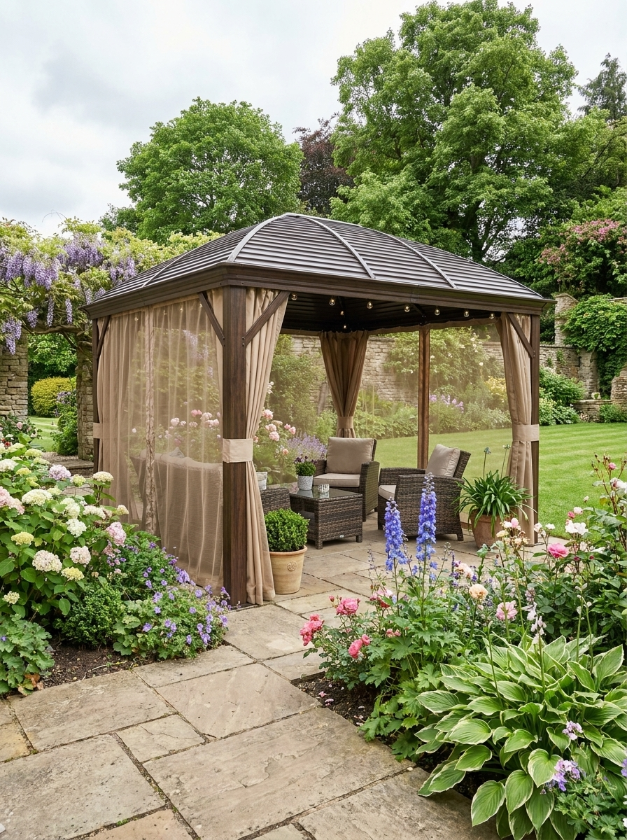 3 x 4m Hardtop Gazebo Canopy - Brown Aluminium Pavilion with Metal Roof, Netting & Curtains