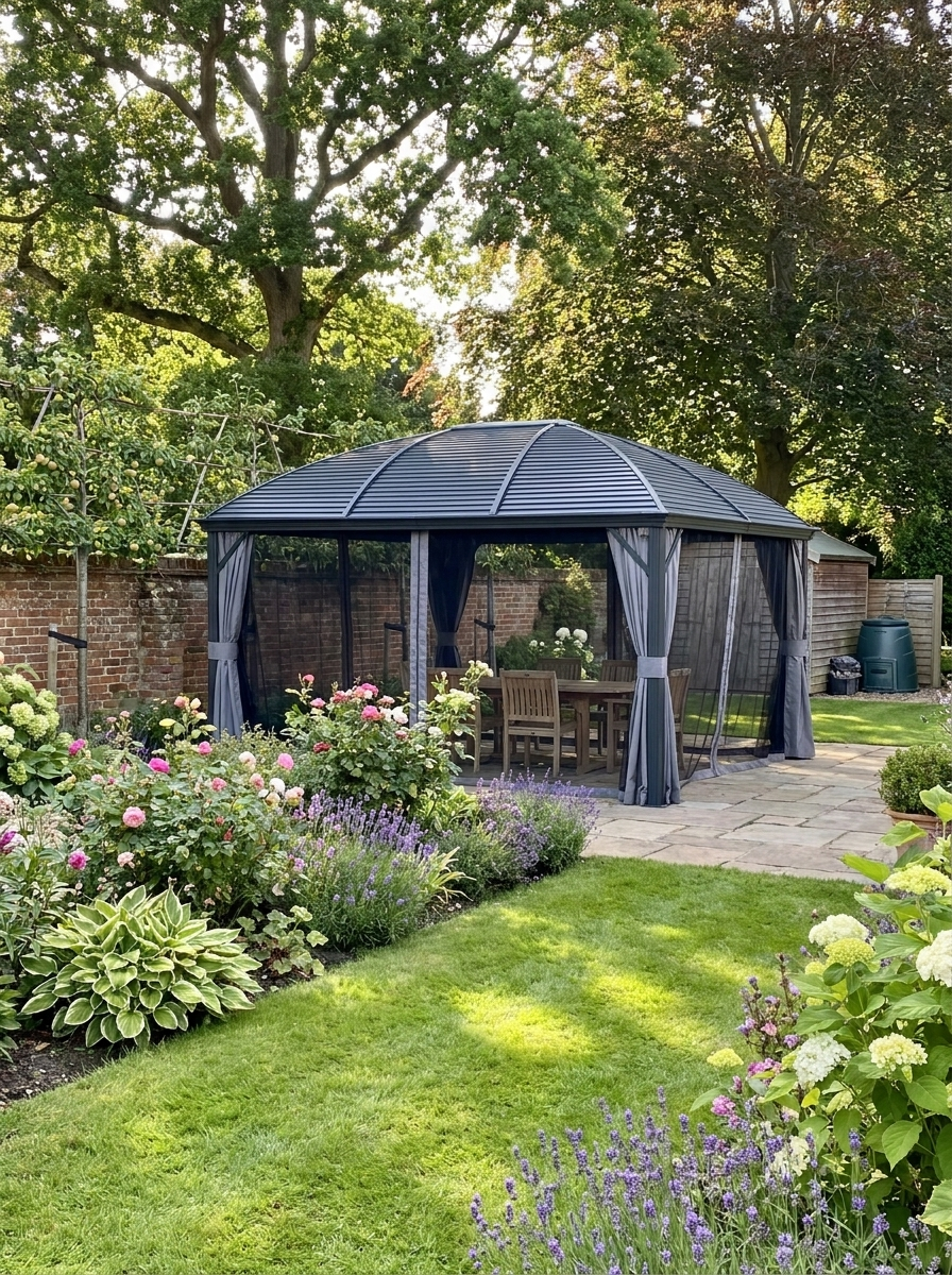 3m x 4m Hardtop Gazebo Canopy - Dark Grey Aluminium Pavilion with Metal Roof, Netting & Curtains