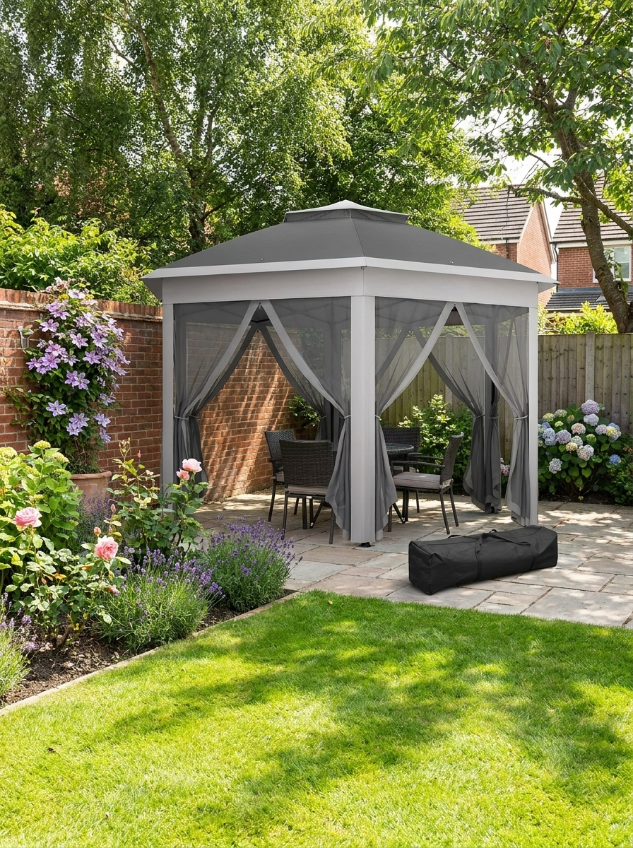3x4m Dark Grey Hexagon Garden Gazebo - Pop Up Party Tent Canopy with Double Roof, Netting & Carry Bag for Outdoor Patio