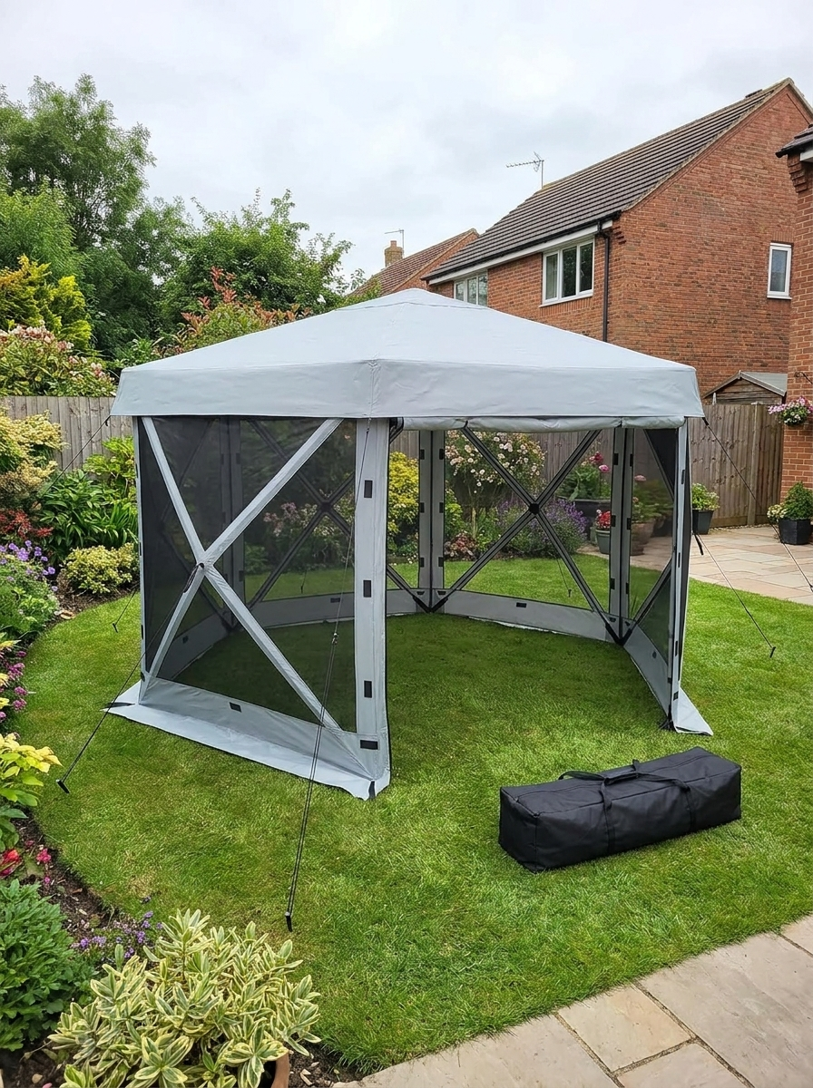 3x3m Hexagon Pop Up Gazebo - Waterproof, UV Resistant Party Tent with Netting - Light Grey Instant Event Shelter with Carry Bag