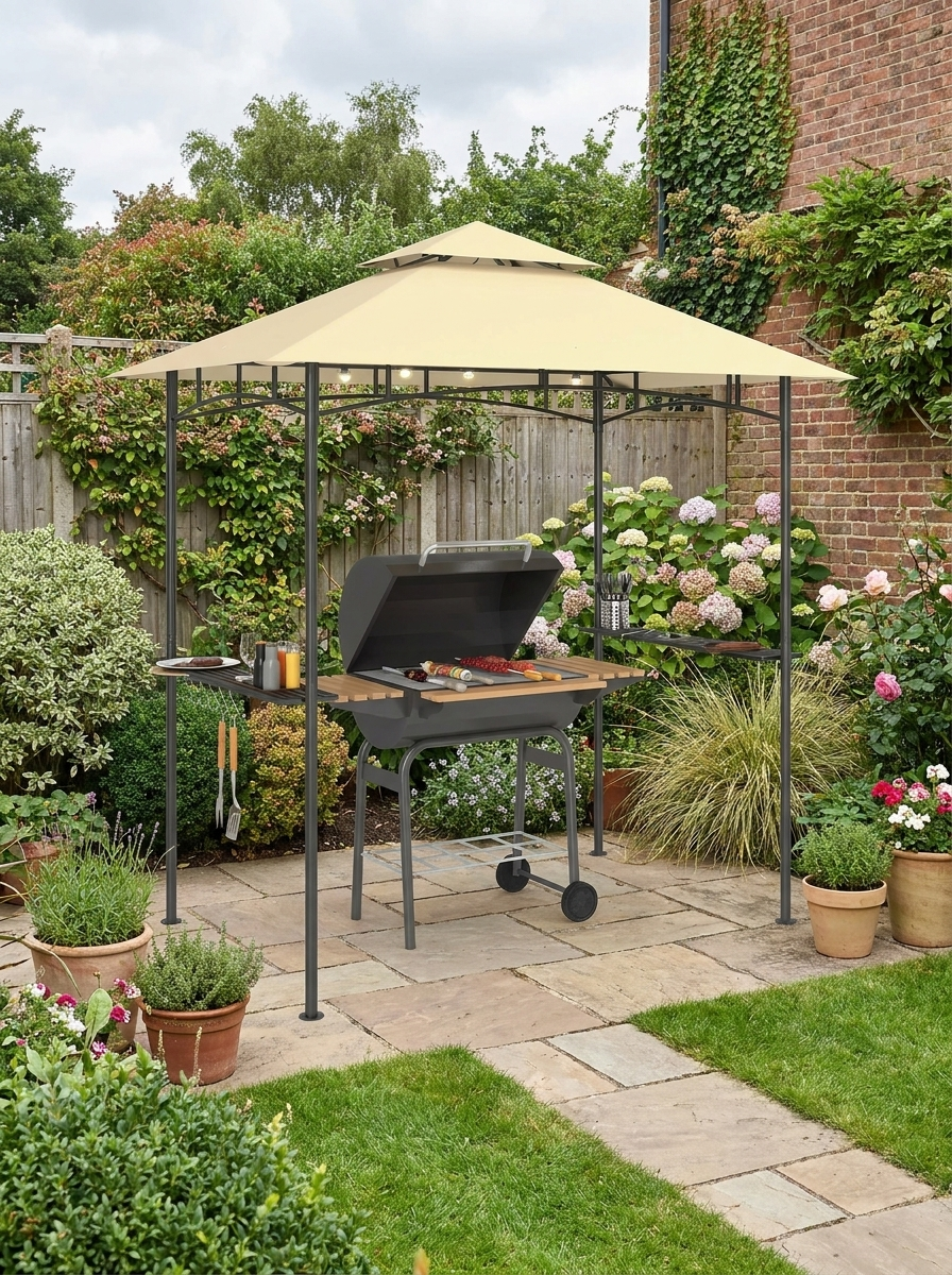 8' x 5' Beige Double Tiered BBQ Grill Gazebo Canopy with LED Lights, 2 Side Shelves & Hooks