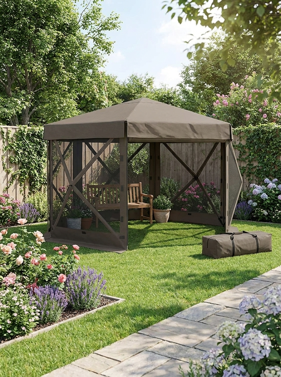 3x3m Brown Hexagon Pop Up Gazebo - Waterproof, UV Resistant Party Tent with Netting & Carry Bag for Garden and Patio