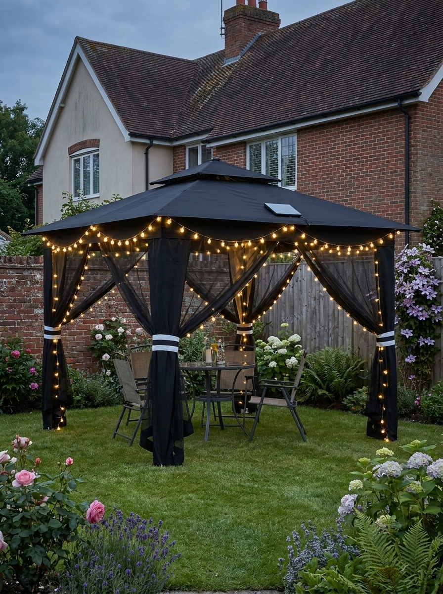 3m x 3m Black Pop Up Gazebo Party Tent with Solar-Powered LED Lights and Adjustable Netting