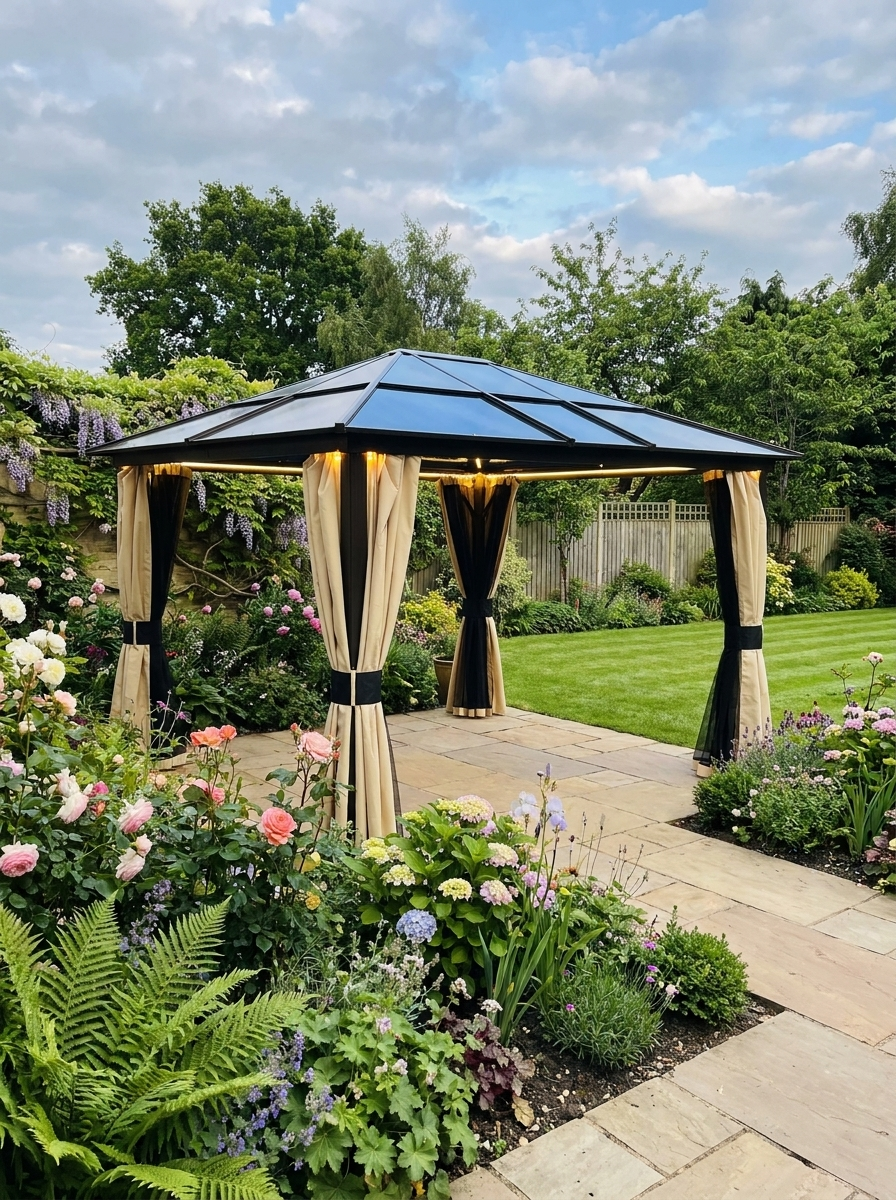 SolarLite Pavilion: 3 x 3.6m Aluminium-Clad Garden Gazebo with Polycarbonate Roof, LED Illumination & Protective Netting