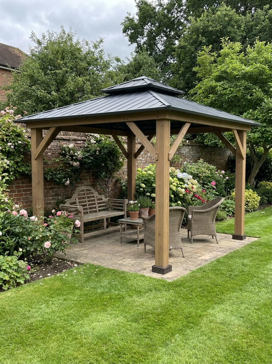 Fir Wood 3.5 x 3.5m Grey Patio Shelter: Two-tier Metal Roof Hardtop Gazebo Canopy