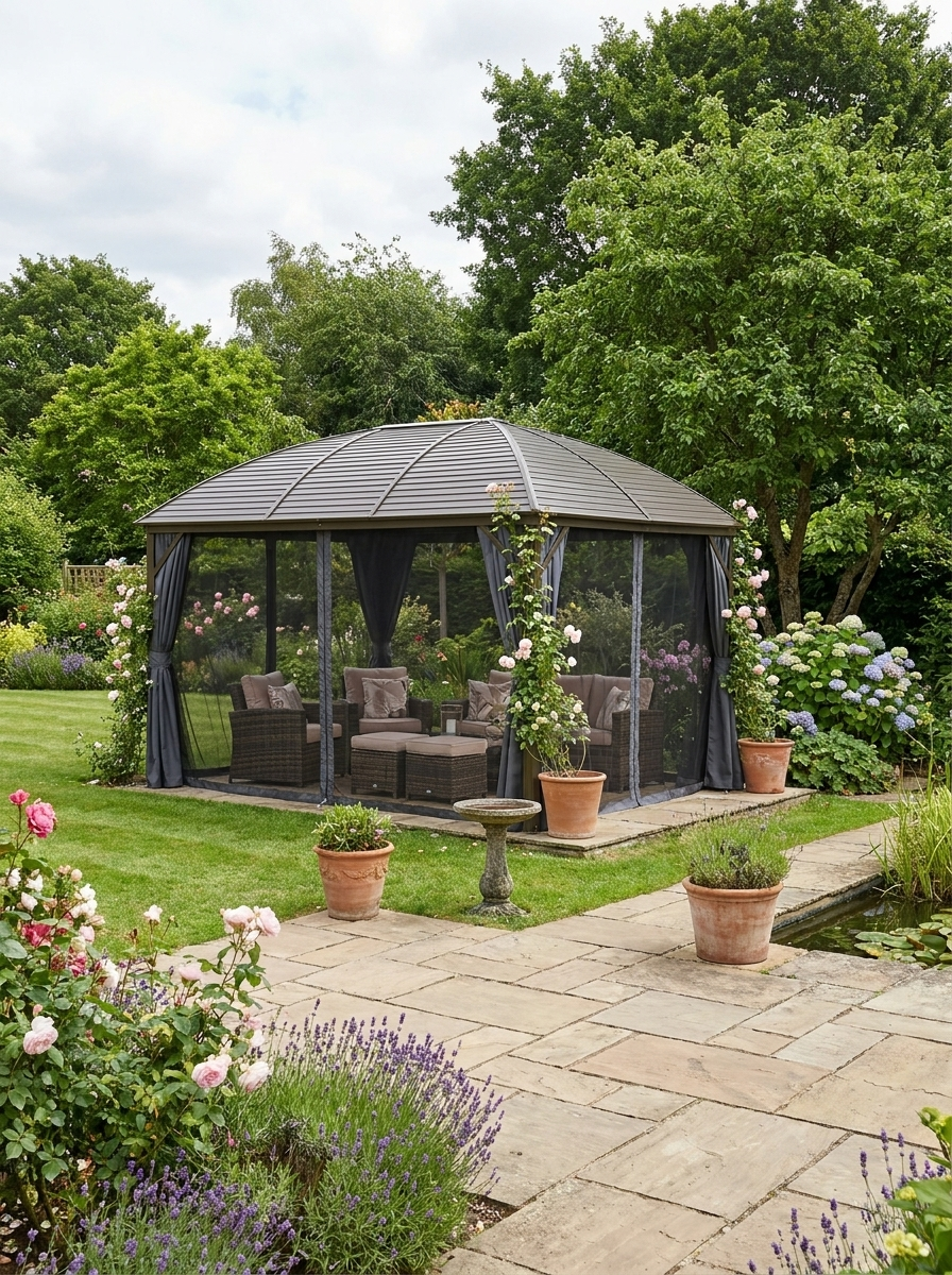 Brown Steel Hardtop Gazebo With Curtains and Netting