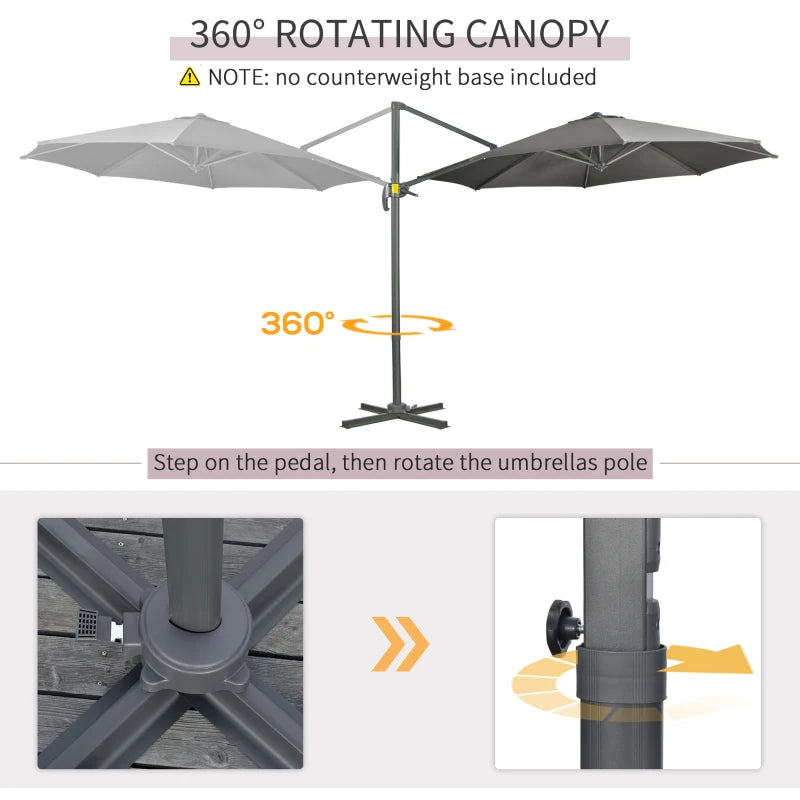 Grey 3x3m Cantilever Garden Umbrella with 360° Rotation and Tilt